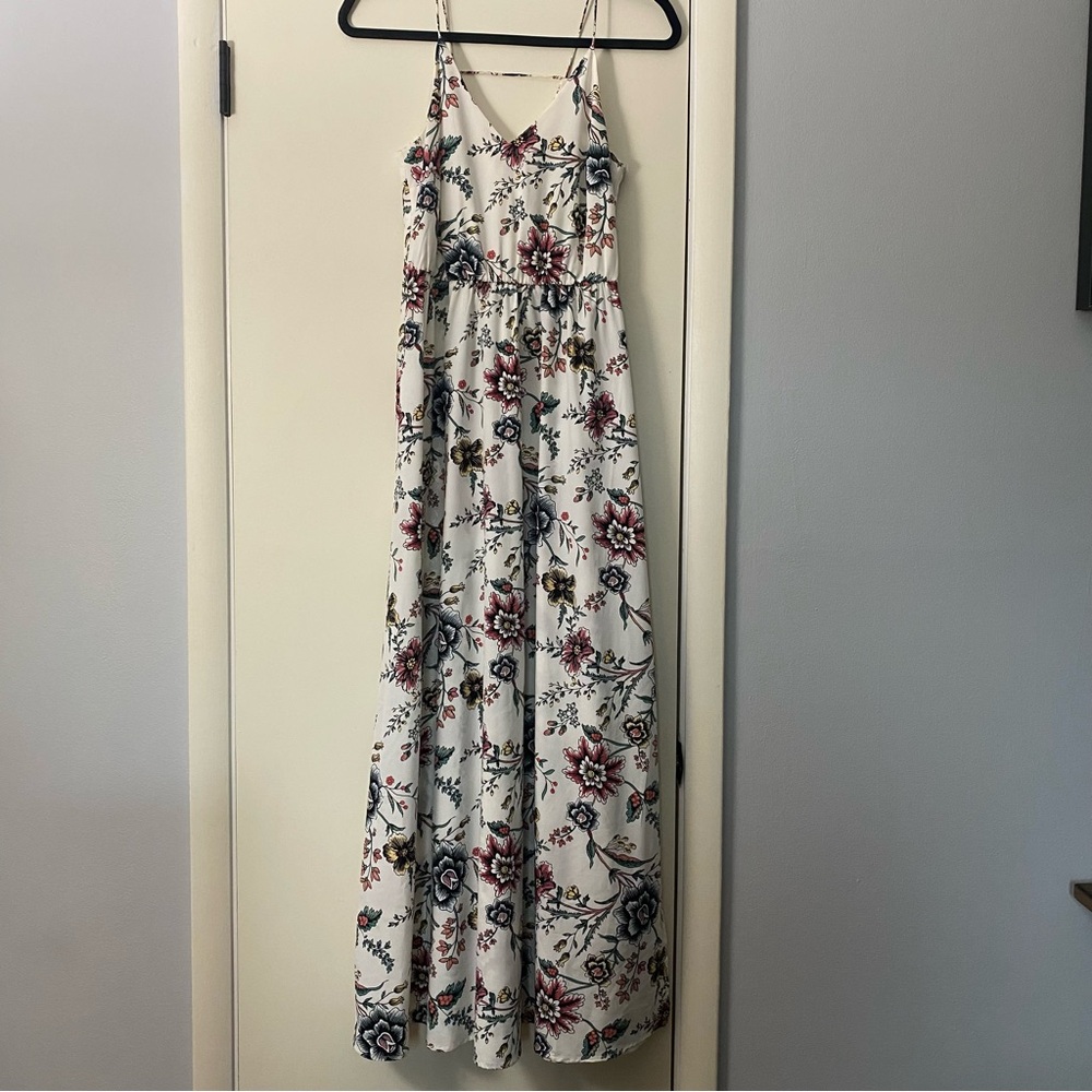 LOFT White Floral Maxi Dress with Red and Blue Accents
